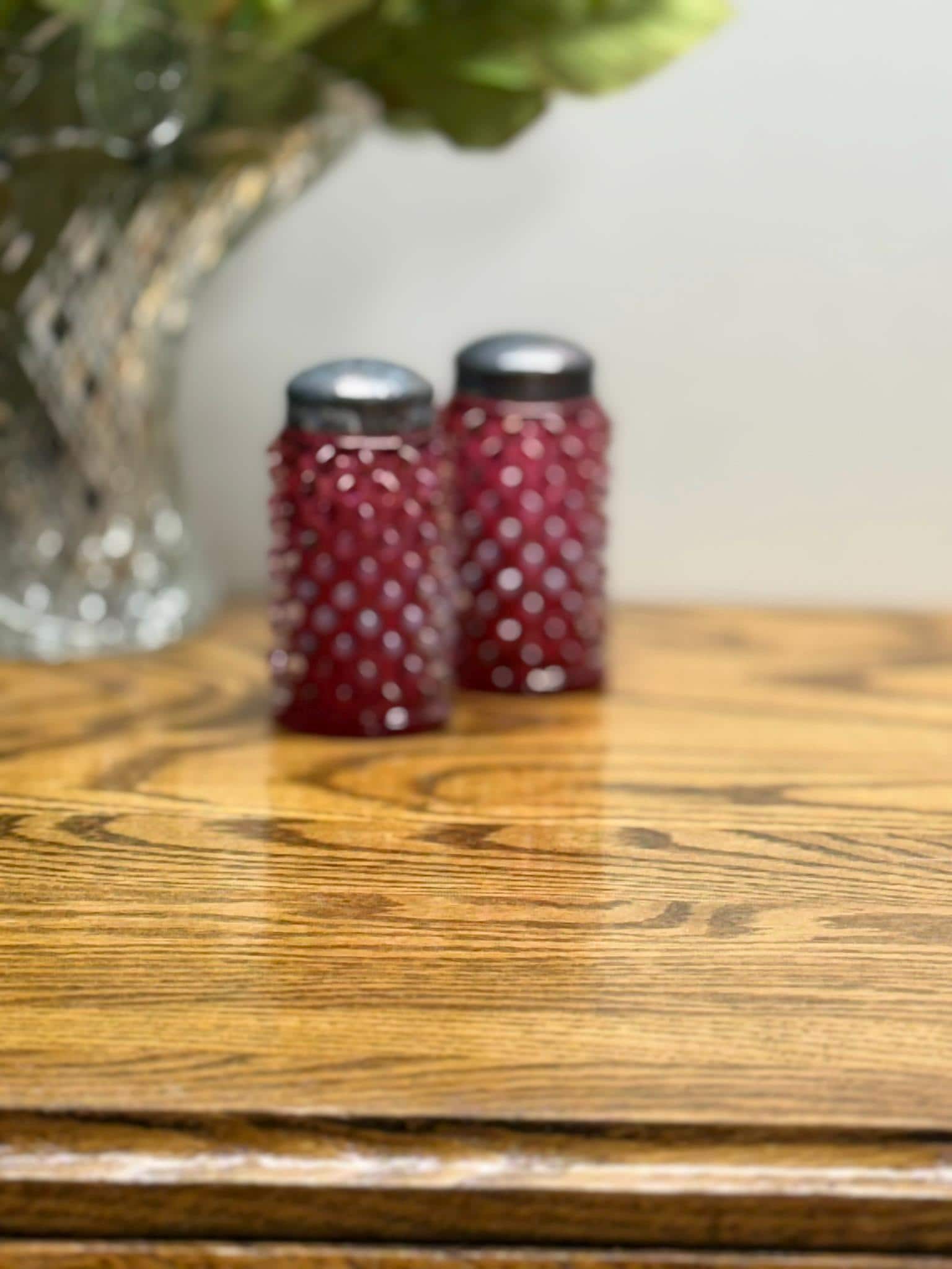 Vintage Fenton Cranberry Opalescent Hobnail Glass Salt and Pepper