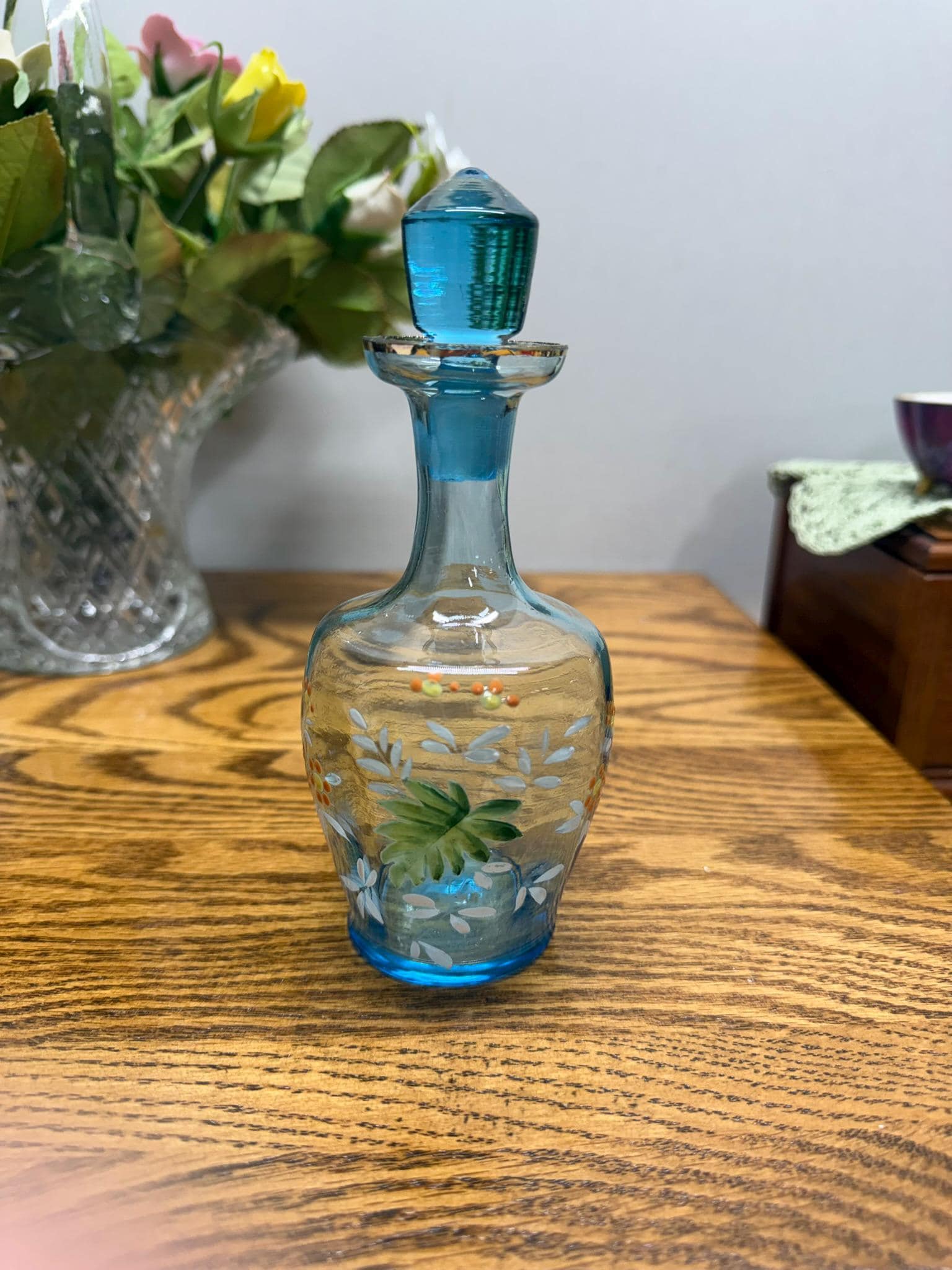 Antique Hand-Blown Small Blue Glass Decanter with Stopper