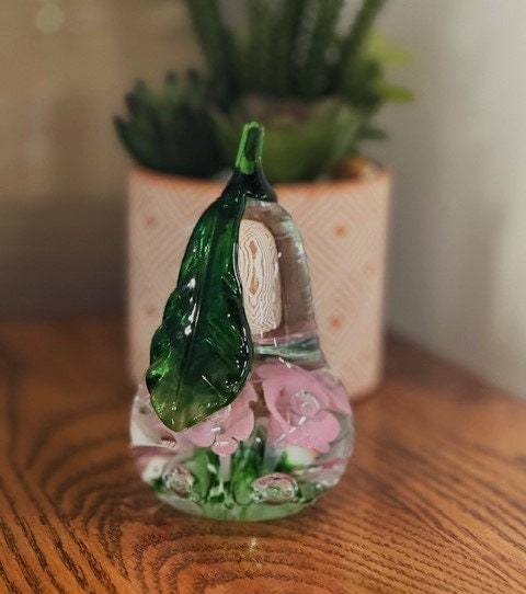 Gibson Art Glass Paperweight: Handblown Pear with Pink Flowers