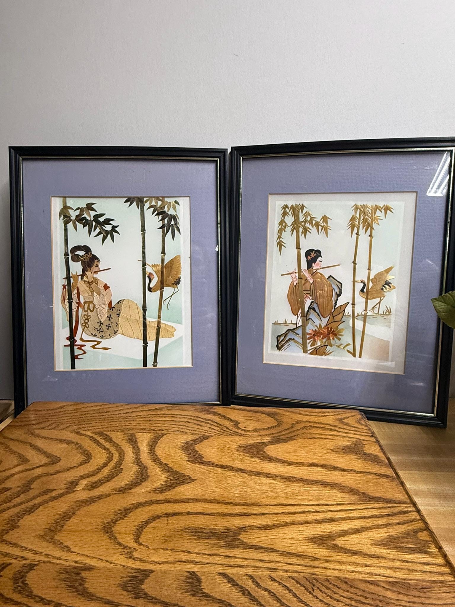 Classic Pair of Asian Wheat Stalk on Silk Geisha and Crane Framed Artwork