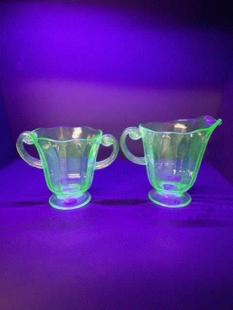 Fostoria Fairfax Vintage Uranium Green Glass Cream and Sugar Set