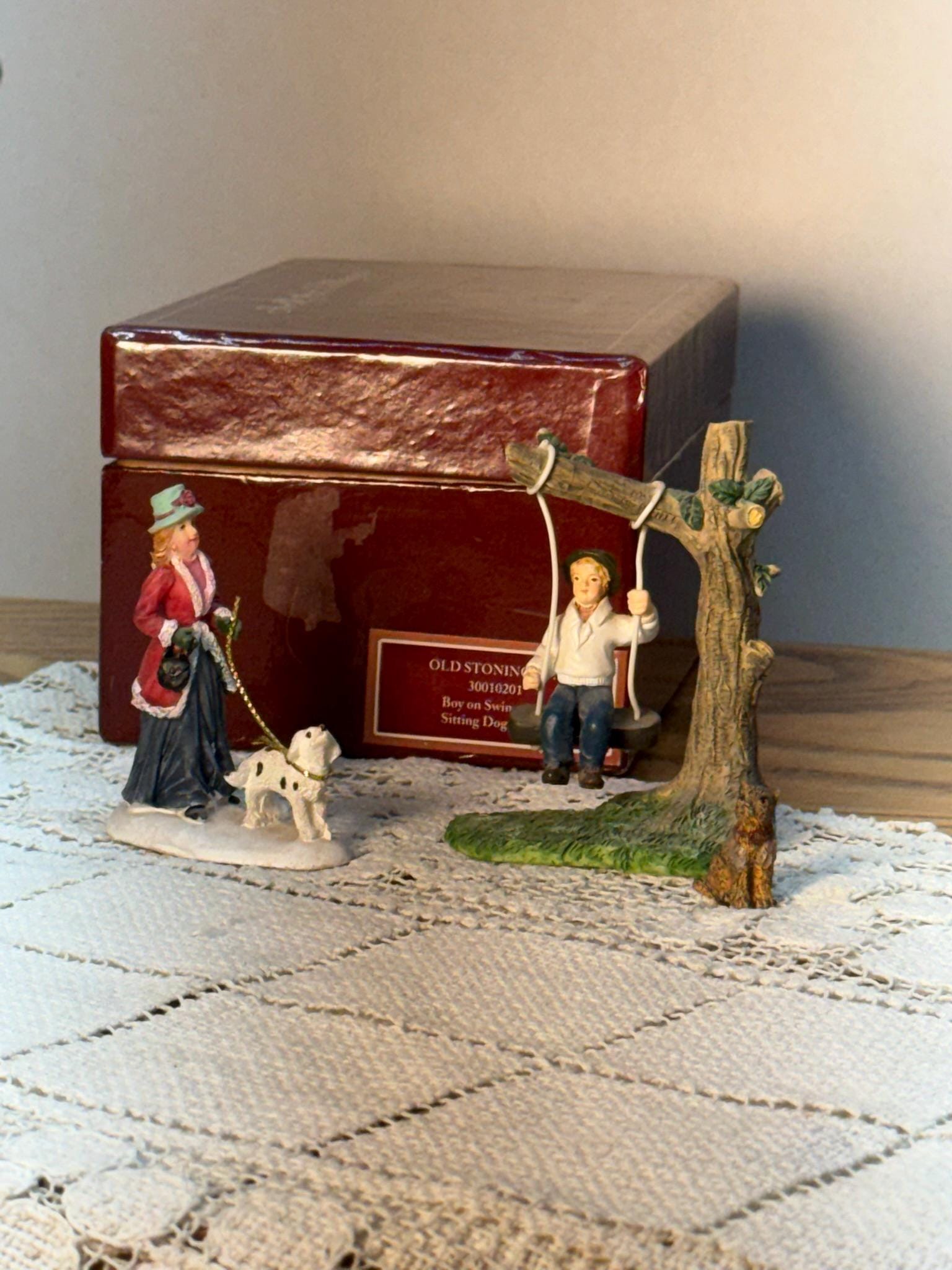 Lang & Wise Folk Art Villages of Old Stonington- Boy on Swing and Woman Walking Dog Holiday Figurines