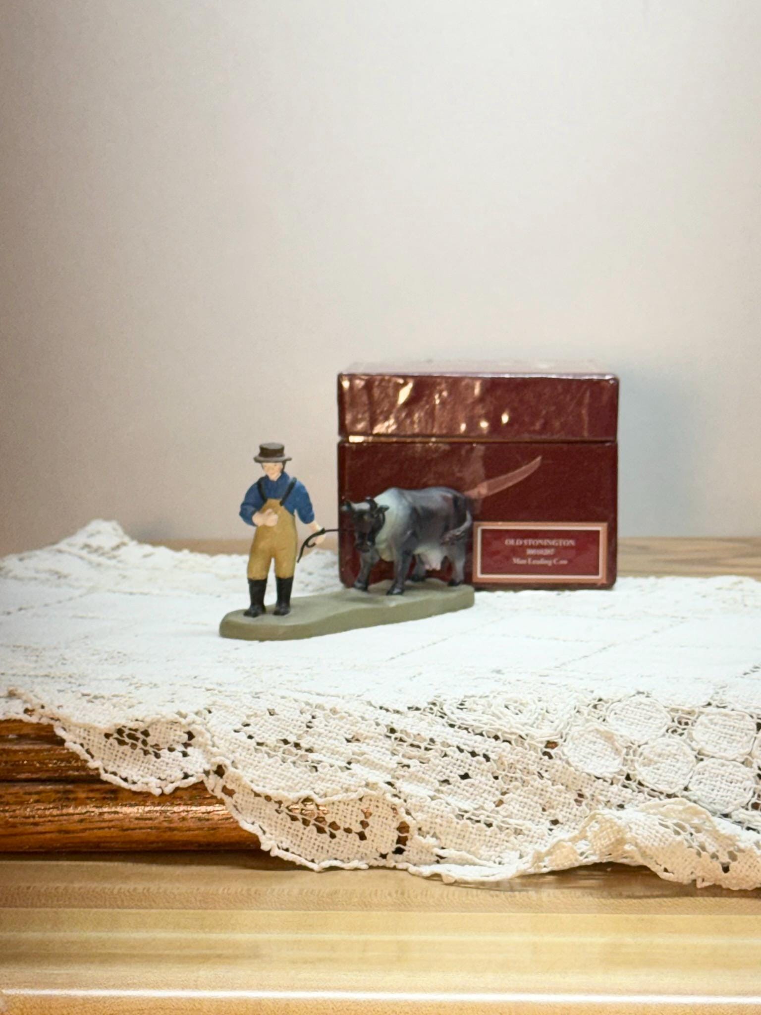 Lang & Wise Old Stonington Folk Art Village Man Leading Cow