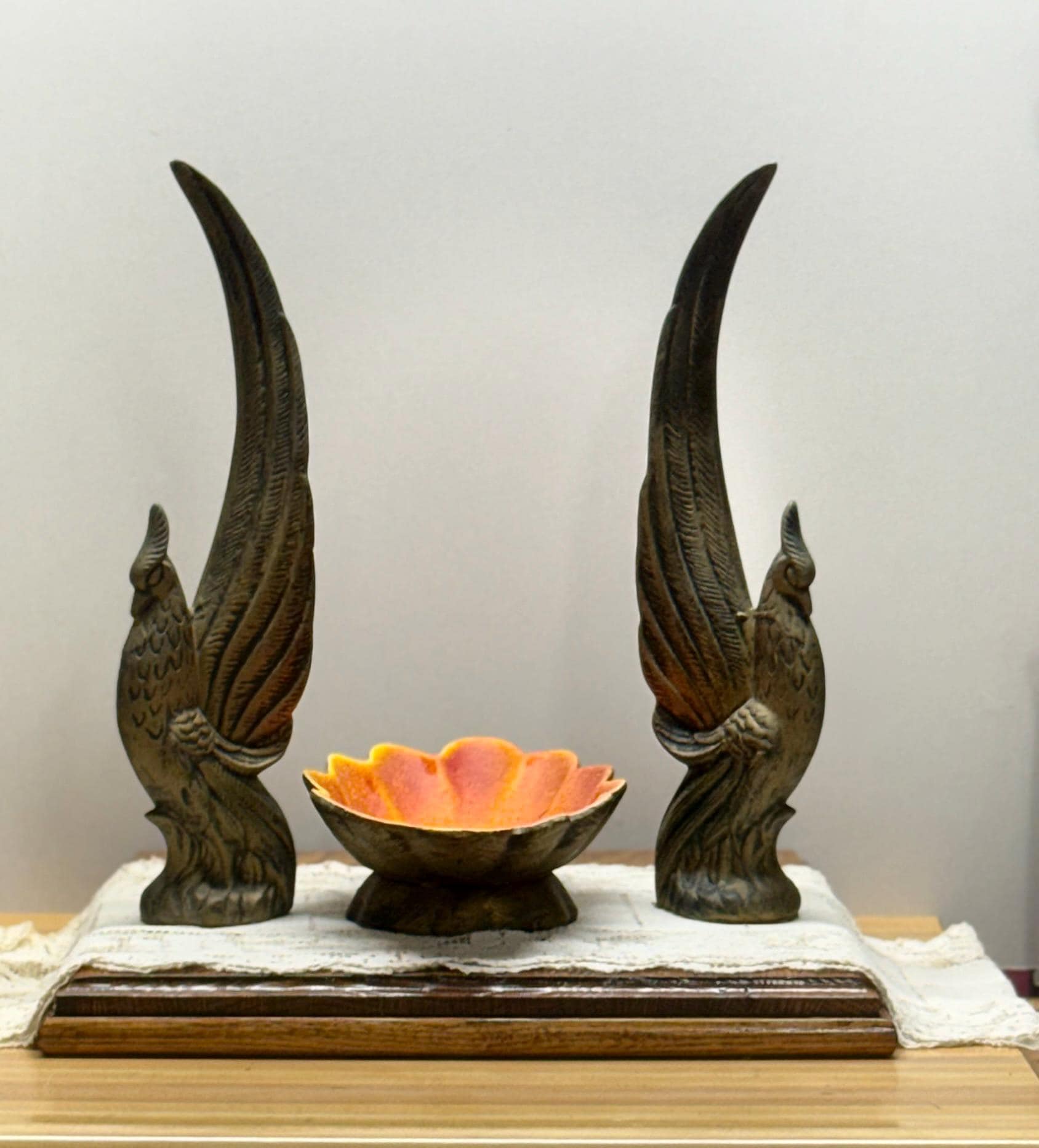 Mid-century modern ceramic art orange console bowl - phoenix bird set