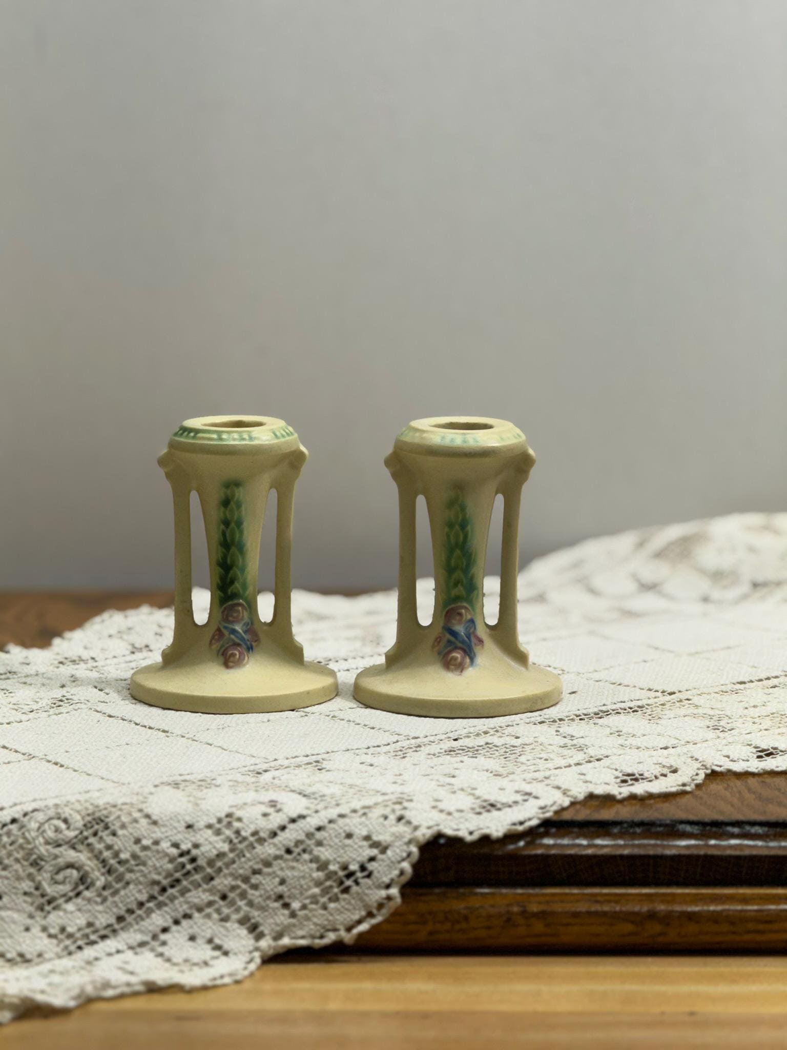Roseville La Rose Pattern Set of Candleholders